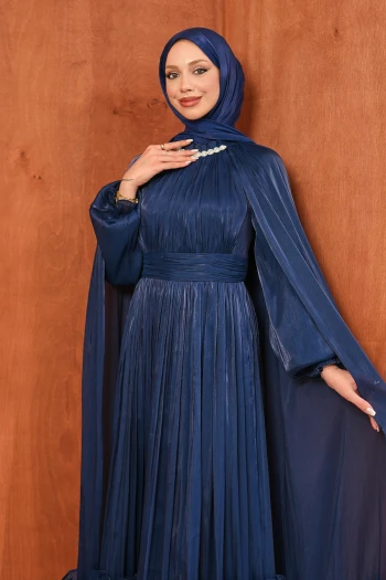 Lacivert Etek Ucu Fırfırlı Pelerinli Abiye