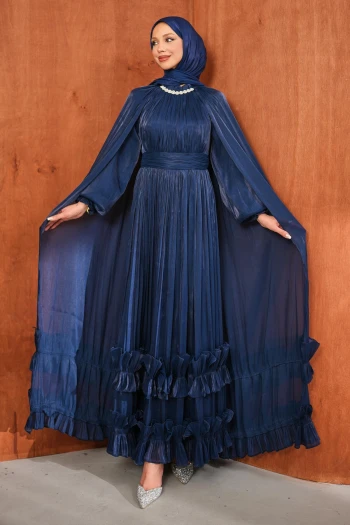 Lacivert Etek Ucu Fırfırlı Pelerinli Abiye