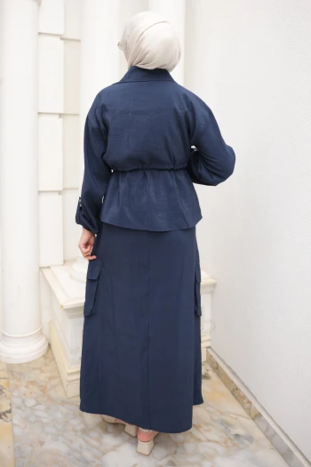 Lacivert Fermuarlı Ceket Kargo Cepli Etekli Takım