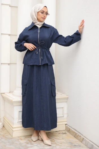 Lacivert Fermuarlı Ceket Kargo Cepli Etekli Takım