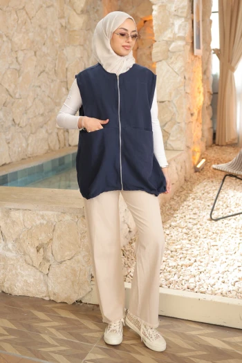 Lacivert Fermuarlı Cepli Yelek