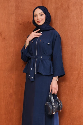 Lacivert Fermuarlı Kuşgözlü Kemerli Ceket Etekli Takım