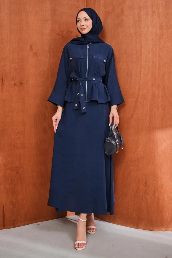 Lacivert Fermuarlı Kuşgözlü Kemerli Ceket Etekli Takım