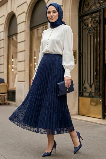 Lacivert Flok Baskılı Astarlı Tül Etek