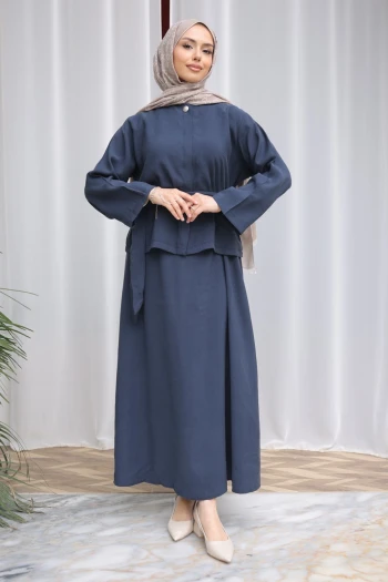 Lacivert Gizli Düğmeli Bel Kuşaklı Gömlek Etekli Takım