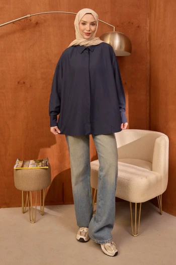 Lacivert Gizli Düğmeli Oversize Tunik