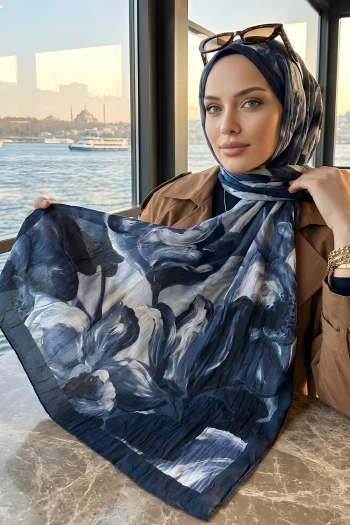 Lacivert İpekhan Desenli Kraş Şal