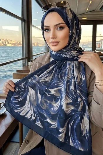 Lacivert İpekhan Desenli Kraş Şal