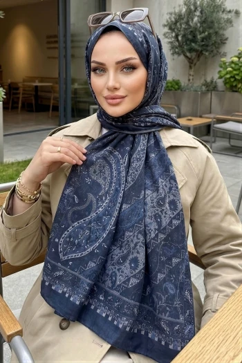 Lacivert İpekhan Desenli Kraş Şal
