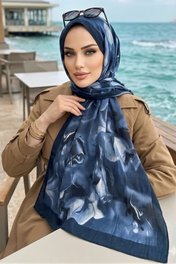 Lacivert İpekhan Desenli Kraş Şal