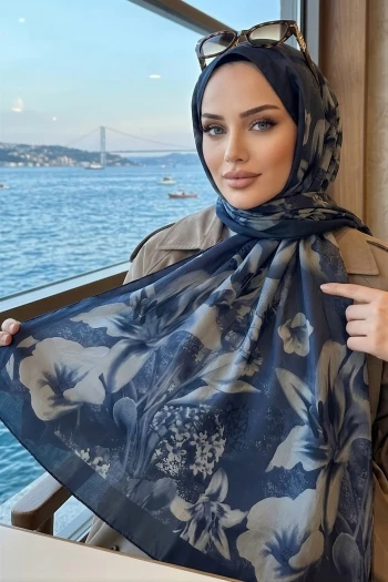 Lacivert İpekhan Desenli Kraş Şal