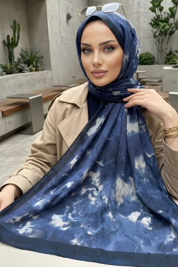 Lacivert İpekhan Desenli Kraş Şal