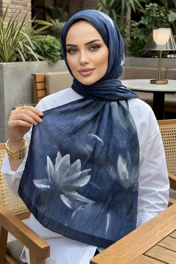 Lacivert İpekhan Desenli Kraş Şal