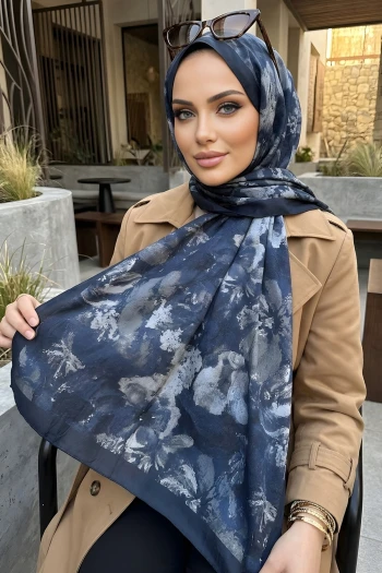 Lacivert İpekhan Desenli Kraş Şal