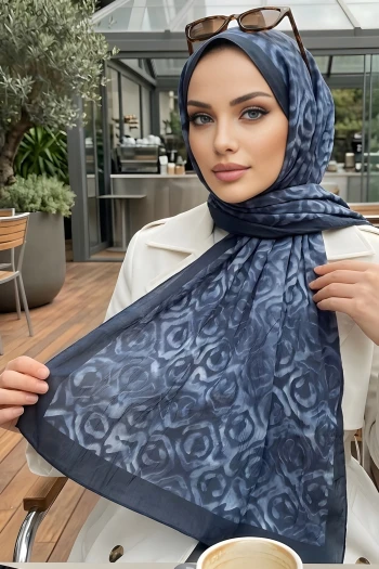 Lacivert İpekhan Desenli Kraş Şal