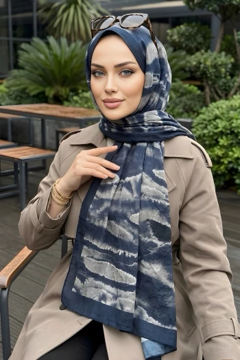 Lacivert İpekhan Desenli Kraş Şal