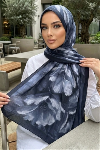Lacivert İpekhan Desenli Kraş Şal
