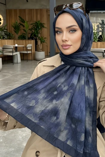 Lacivert İpekhan Desenli Kraş Şal