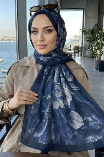 Lacivert İpekhan Desenli Kraş Şal