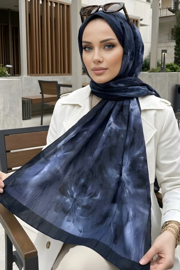 Lacivert İpekhan Desenli Kraş Şal