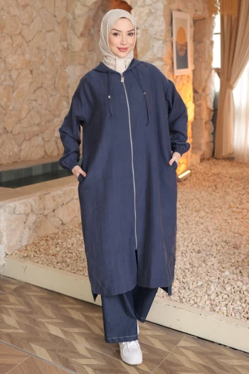 Lacivert Kapüşonlu Fermuarlı Kap