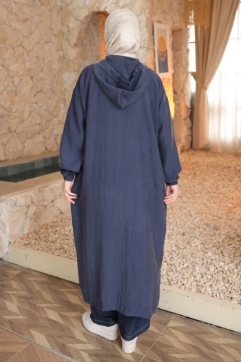 Lacivert Kapüşonlu Fermuarlı Kap