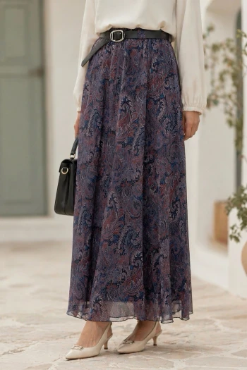 Lacivert Kemerli Desenli Şifon Etek