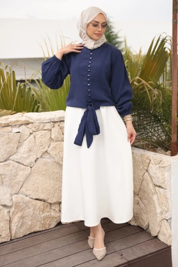 Lacivert Kol Lastikli Bel Bağlamalı Gömlek