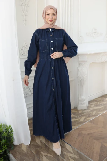 Lacivert Kol Lastikli Düğmeli Kot Elbise