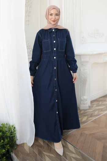 Lacivert Kol Lastikli Düğmeli Kot Elbise