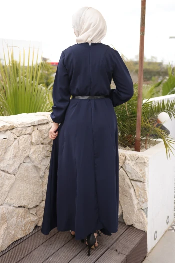 Lacivert Kol Lastikli Kemerli Parçalı Dabıl Elbise