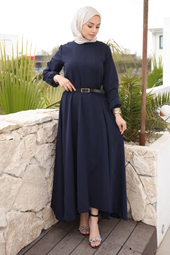 Lacivert Kol Lastikli Kemerli Parçalı Dabıl Elbise