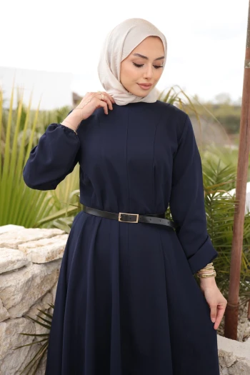 Lacivert Kol Lastikli Kemerli Parçalı Dabıl Elbise