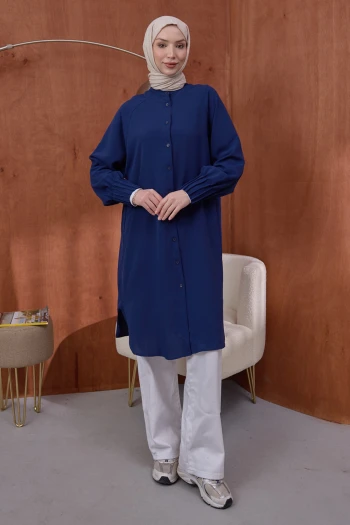 Lacivert Kolları Nervürlü Linda Tunik