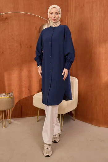 Lacivert Kolları Nervürlü Linda Tunik