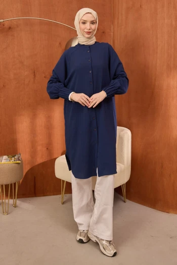 Lacivert Kolları Nervürlü Linda Tunik