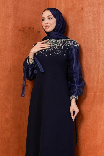 Lacivert Kolları Tül Boncuklu Abiye