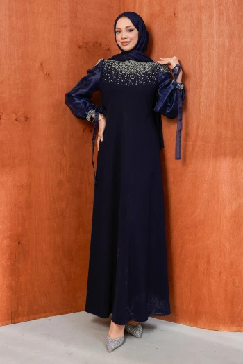 Lacivert Kolları Tül Boncuklu Abiye