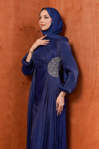 Lacivert Kolu Lastikli Taş Detaylı Abiye