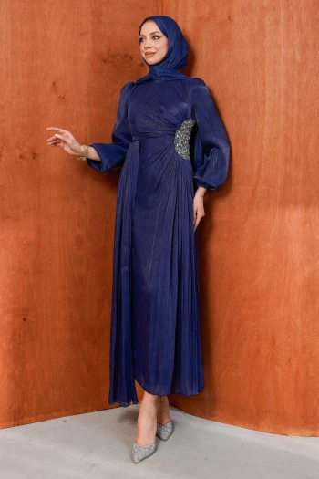 Lacivert Kolu Lastikli Taş Detaylı Abiye