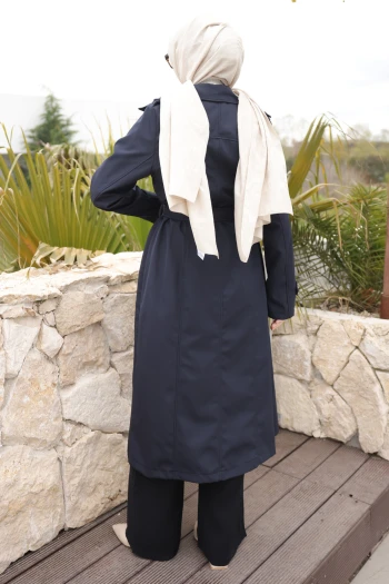 Lacivert Kruvaze Yaka Düğmeli Trençkot