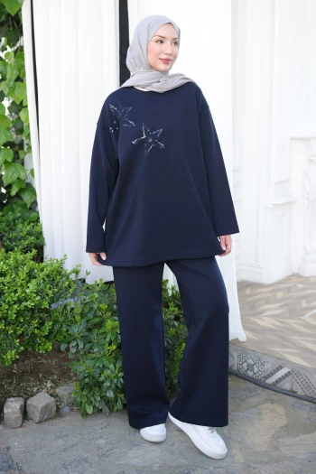 Lacivert Nakış İşlemeli Tunik Pantolonlu Takım