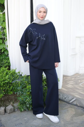 Lacivert Nakış İşlemeli Tunik Pantolonlu Takım