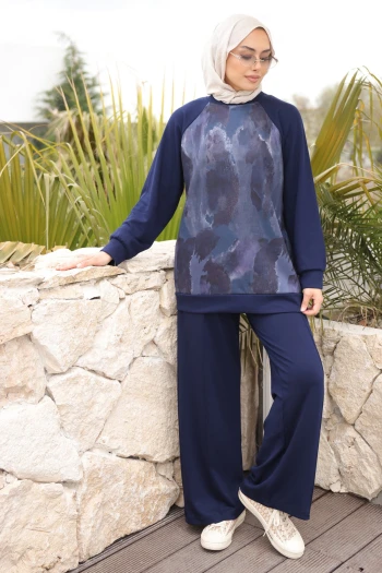 Lacivert Ön Batik Desenli Reglan Kol Tunik Pantolonlu Modal Takım
