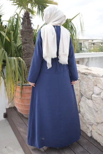 Lacivert Ön Etek Pileli Belden  Bağlamalı Modal Dokuma Elbise