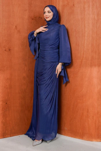 Lacivert Önü Büzgülü Şifon abiye