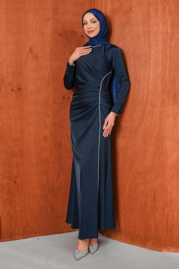 Lacivert Önü Drapeli Taşlı Saten Abiye
