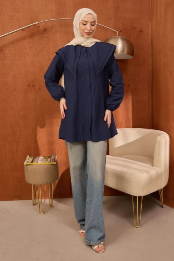 Lacivert Önü Nervürlü Çift Yakalı Poplin Tunik