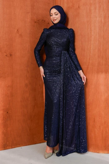 Lacivert Önü Pileli Payetli Abiye