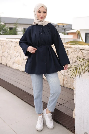 Lacivert Önü Piliseli Bağlamalı Tunik